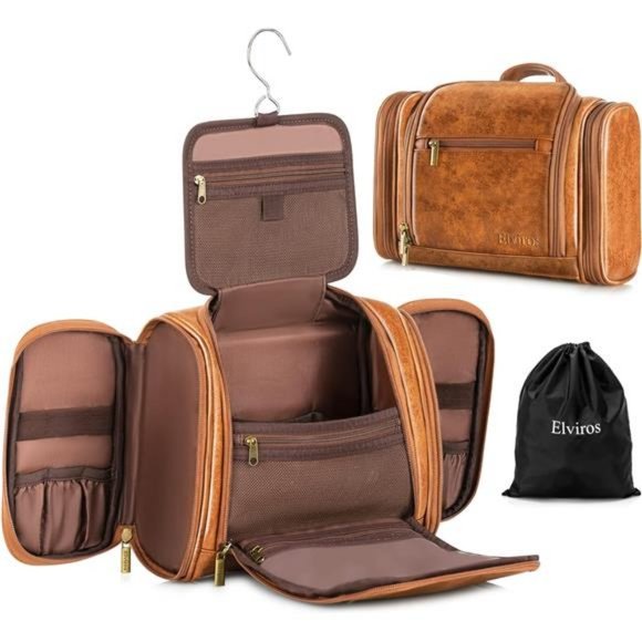 Travel Hanging Toiletry Bag for Women and Men, PU Leather Toiletries Organizer - Picture 1 of 7